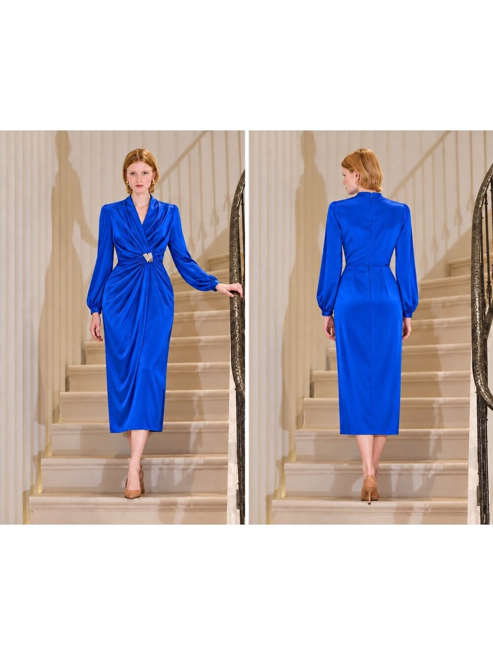 Badgley Mischka Royal Blue  Long Sleeve Maxi Dress Draped Silver Accent sz 4